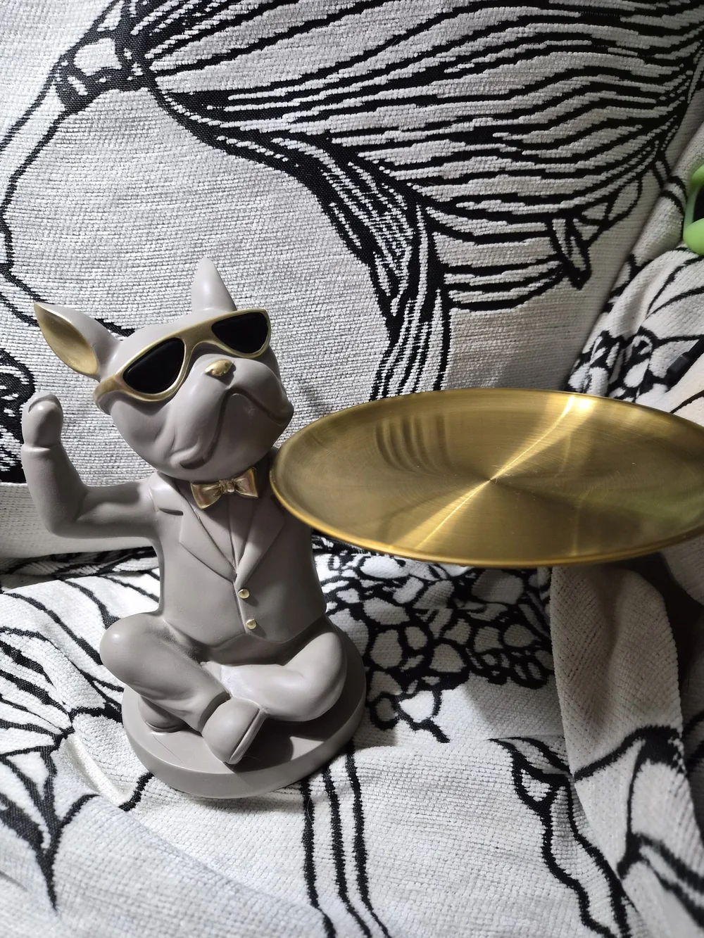 Gray French Bulldog Jewelry Dish with Gold Tray
